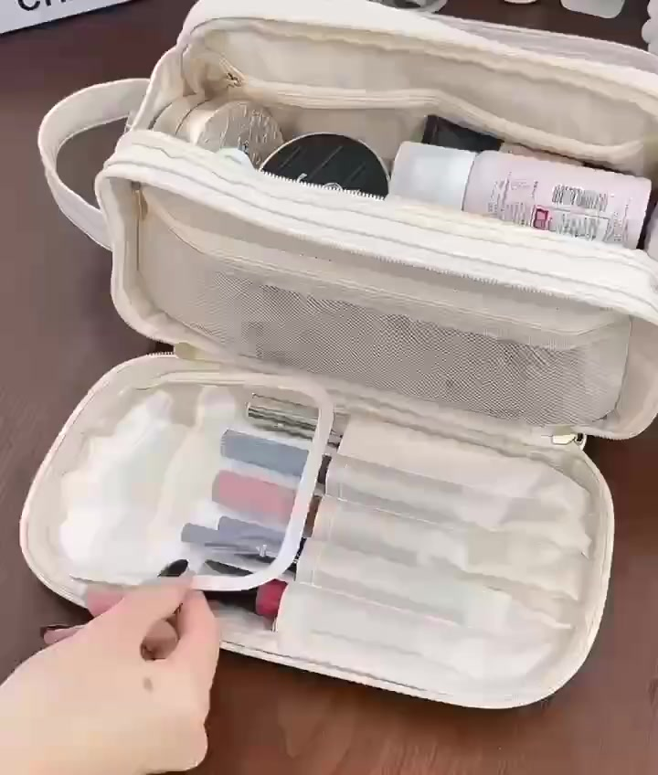 Bolsa Cosmética De Grande Capacidade Com Abertura Em Forma De U Para Mulheres Portátil Viagem Multi-Compartment Couro