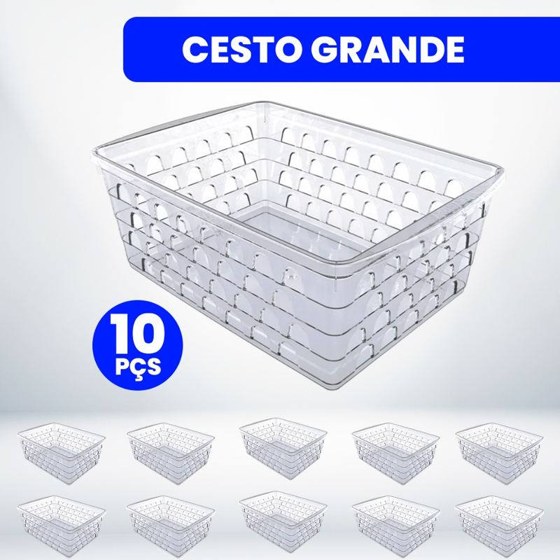 Kit com 10 Cestos Organizadores Multiuso Transparente 21,5x17x7,5cm Grande