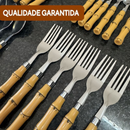 Jogo de Talheres 24 Peças Facas Garfos Colher e Colheres de Sobremesa Em Aço Inox de Cabo Plástico Bambu