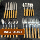 Jogo de Talheres 24 Peças Facas Garfos Colher e Colheres de Sobremesa Em Aço Inox de Cabo Plástico Bambu