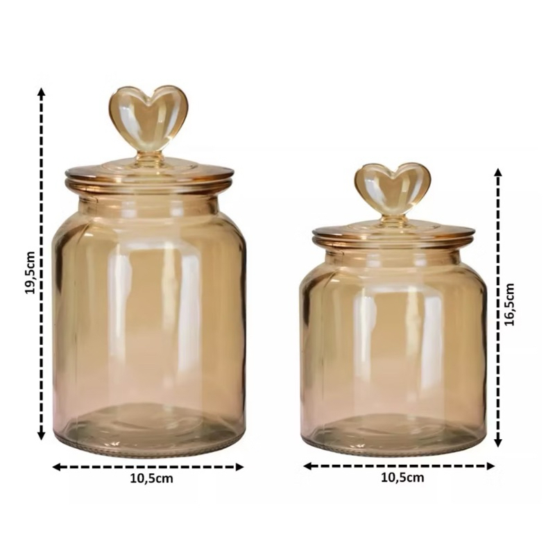 Pote Vidro Âmbar Hermético Decor Afeto Coração