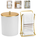 Kit Lixeira 5L e Porta Toalhas de Bancada Branco com Acabamento Dourado para Banheiro