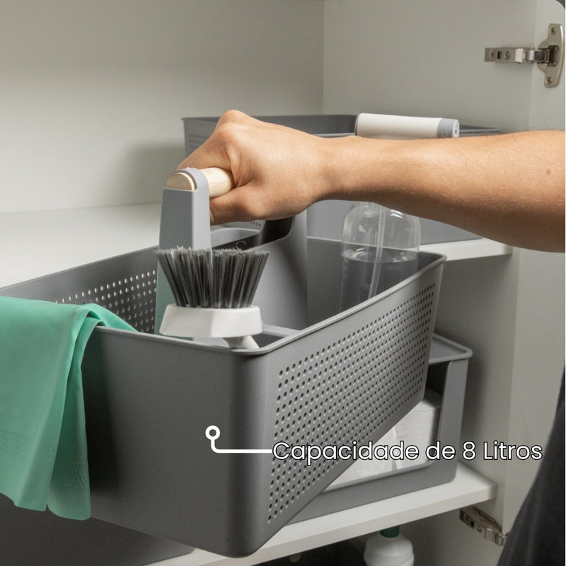 Cesto Organizador Multiuso 8L Flow Com Alça Bambu Lavanderia Limpeza Armário Cozinha Plástico