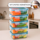 Kit Pote de Vidro Hermético Retangular 10 / 5 Unid Travas Marmita Fit Microondas Mantimentos