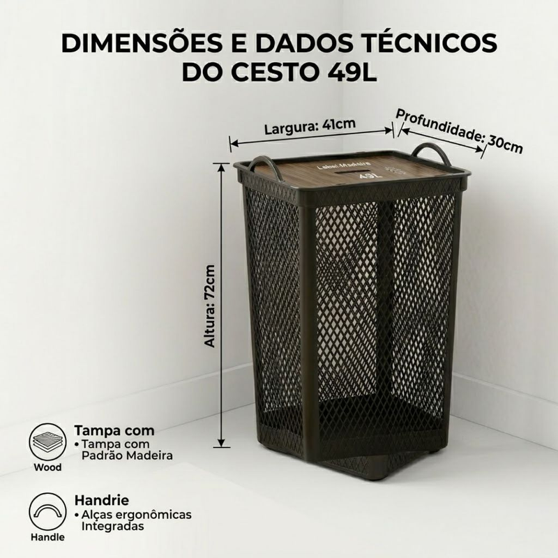 Cesto de Roupa Multiuso Telado Preto 49L C Tampa Label Madeira