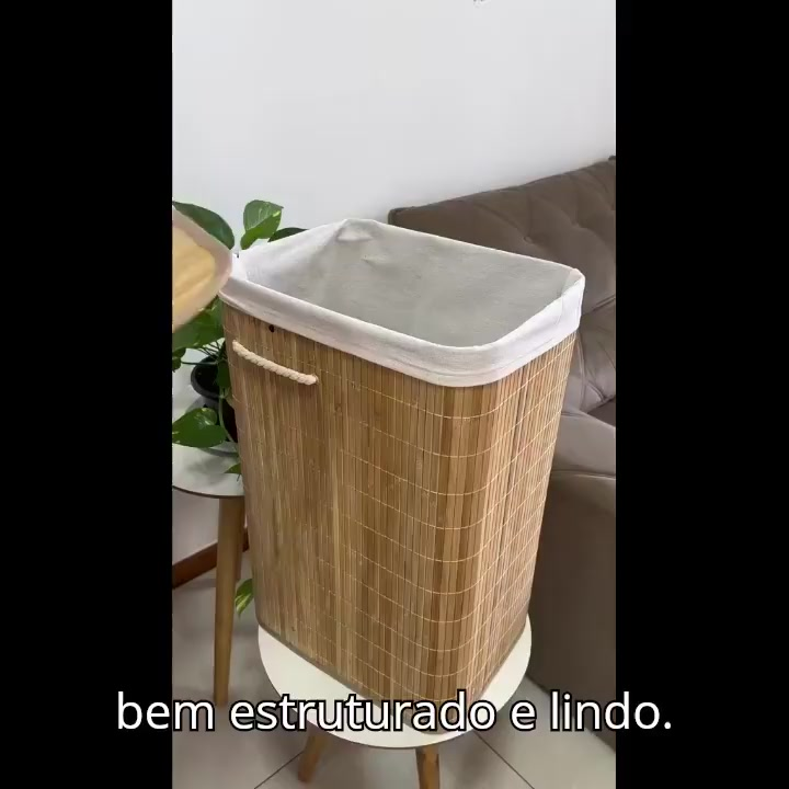 Cesto De Roupa Suja Bambu Dobravel Organizador 72L Forrado Banheiro 60cm Grande Cesto Retangular