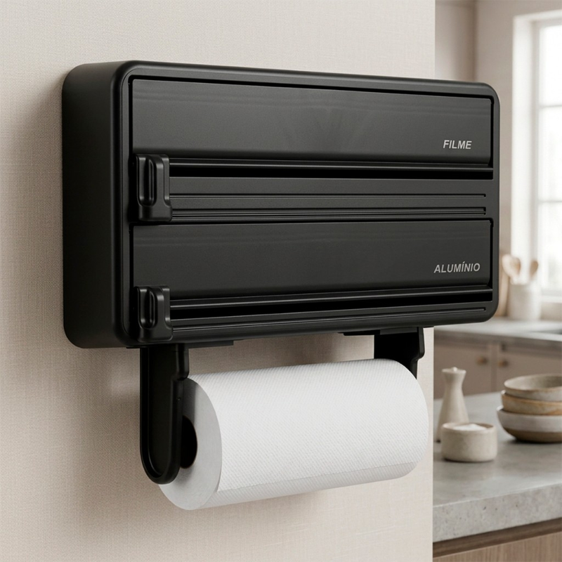Suporte Papel Toalha Porta Filme Plástico Papel Alumínio Organizador Cozinha Parede 3 Em 1