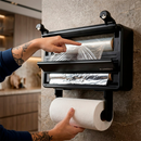 Suporte Papel Toalha Porta Filme Plástico Papel Alumínio Organizador Cozinha Parede 3 Em 1
