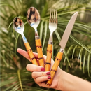 Jogo de Talheres 24 Peças Facas Garfos Colher e Colheres de Sobremesa Em Aço Inox de Cabo Plástico Bambu